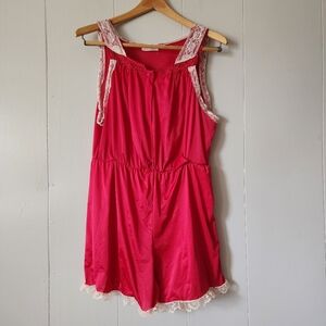 Reconstructed Vintage Vanity Fair Romper Medium Satin Lace Trim Cottagecore Red